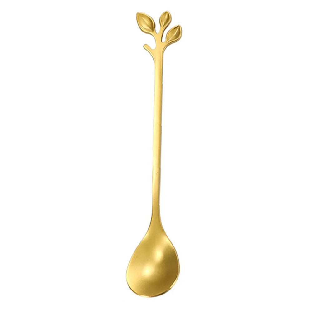 4PCS / Set 12.2 cm Stainless Steel Leaf Coffee Spoons Tableware Stirring Mixing Spoons for Ice Tea, Coffee, Dessert - Green  /  Gold - 2