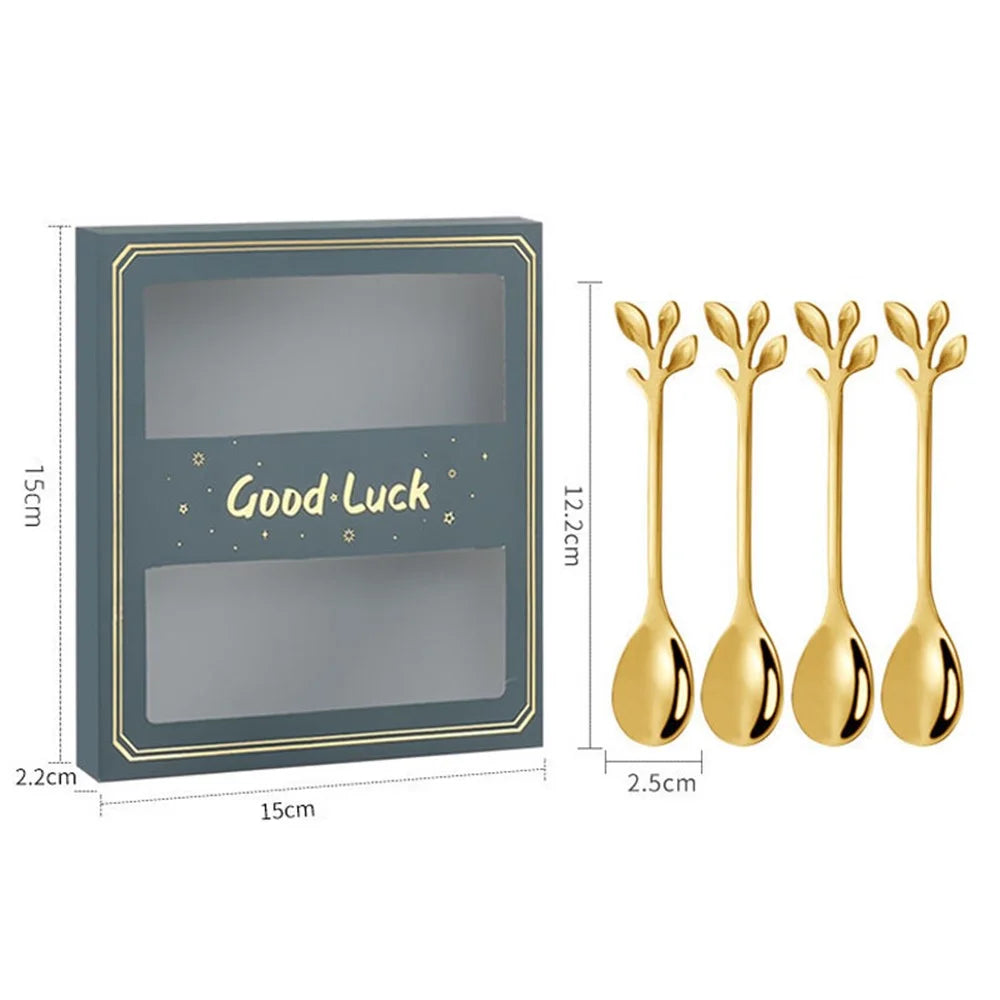 4PCS / Set 12.2 cm Stainless Steel Leaf Coffee Spoons Tableware Stirring Mixing Spoons for Ice Tea, Coffee, Dessert - Green  /  Gold - 6