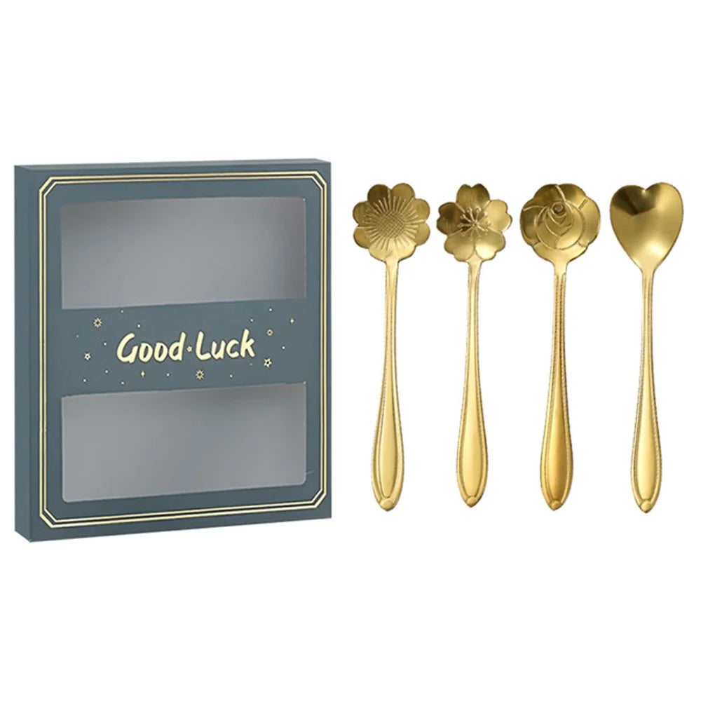 4PCS / Set 12.4-12.6cm Stainless Steel Flower Shape Spoons Coffee Mixing Ice Cream Dessert Spoons - Green  /  Gold - 1
