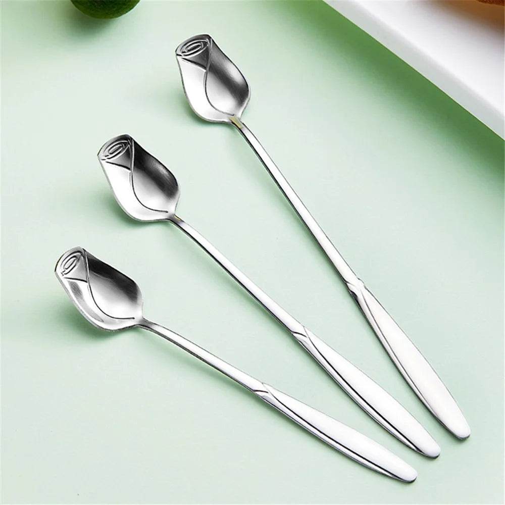 2Pcs Rose Flower Spoon Set Stainless Steel Stirring Spoon Ice Cream Spoon, Silver (BPA Free, No FDA) - 13.2x2.2cm - 3
