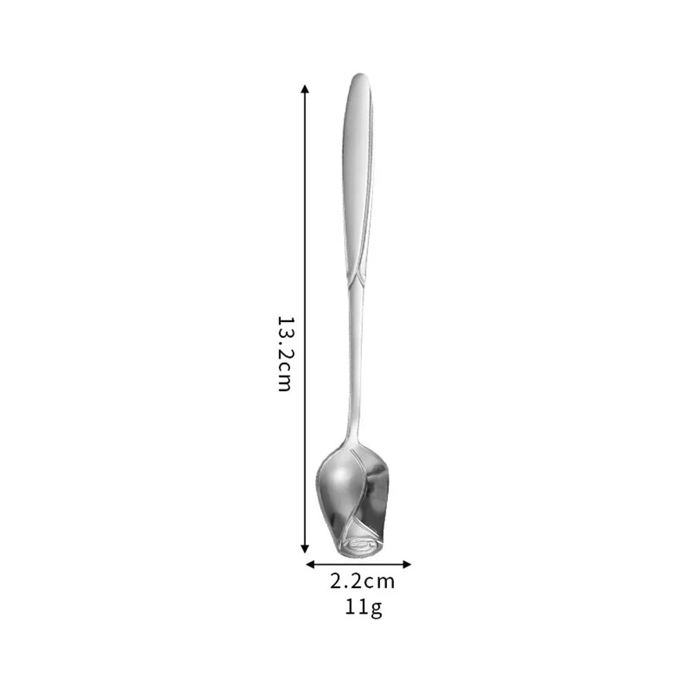 2Pcs Rose Flower Spoon Set Stainless Steel Stirring Spoon Ice Cream Spoon, Silver (BPA Free, No FDA) - 13.2x2.2cm - 4