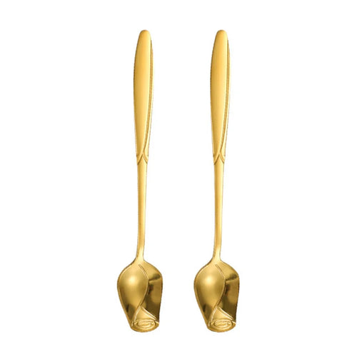 2Pcs Ice Cream Spoon Rose Flower Spoon Set Stainless Steel Stirring Spoon, Gold (BPA Free, No FDA) - 13.2x2.2cm - 1