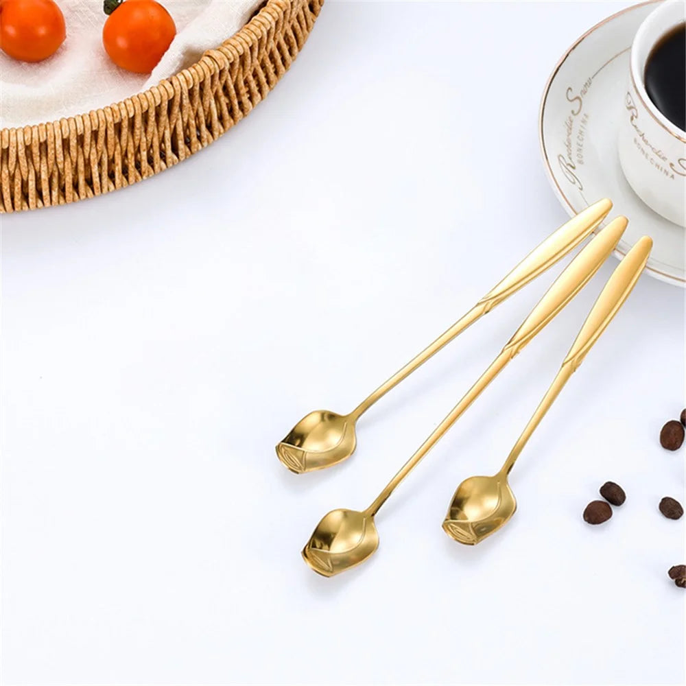 2Pcs Ice Cream Spoon Rose Flower Spoon Set Stainless Steel Stirring Spoon, Gold (BPA Free, No FDA) - 13.2x2.2cm - 3
