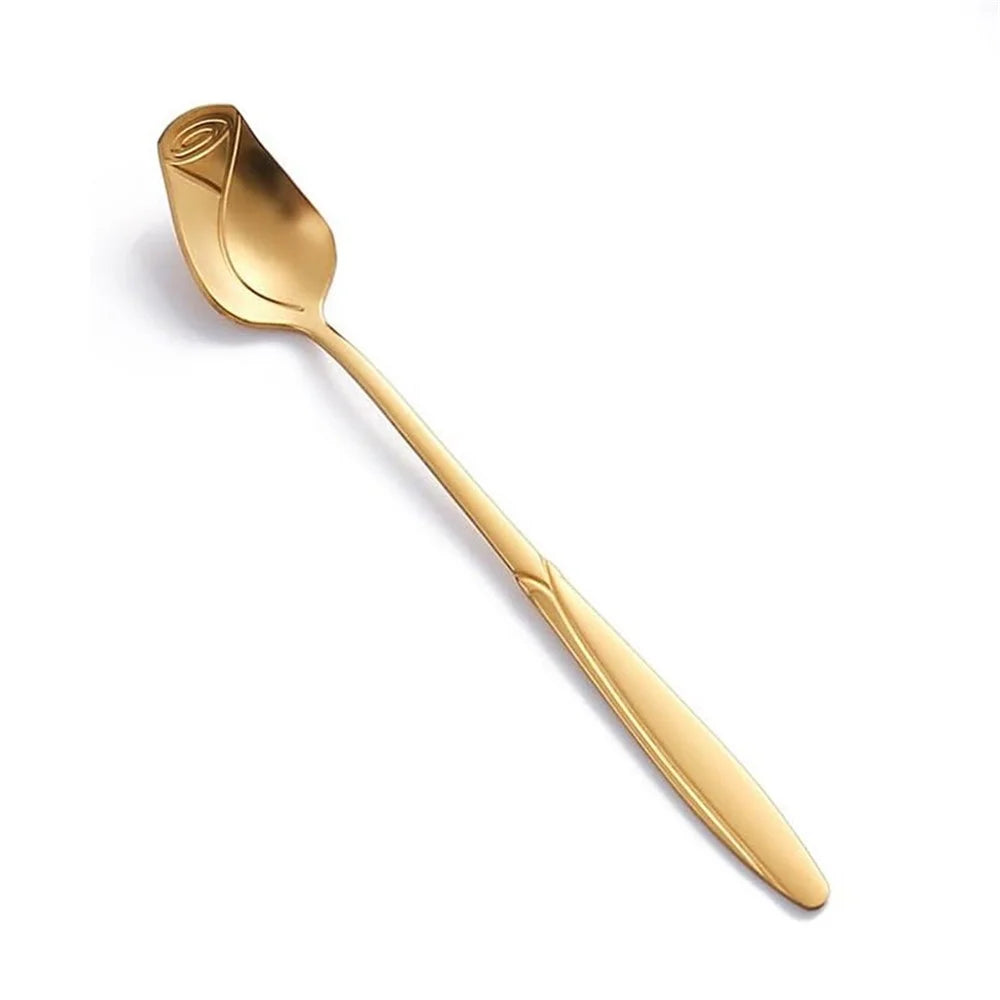 2Pcs Ice Cream Spoon Rose Flower Spoon Set Stainless Steel Stirring Spoon, Gold (BPA Free, No FDA) - 13.2x2.2cm - 4
