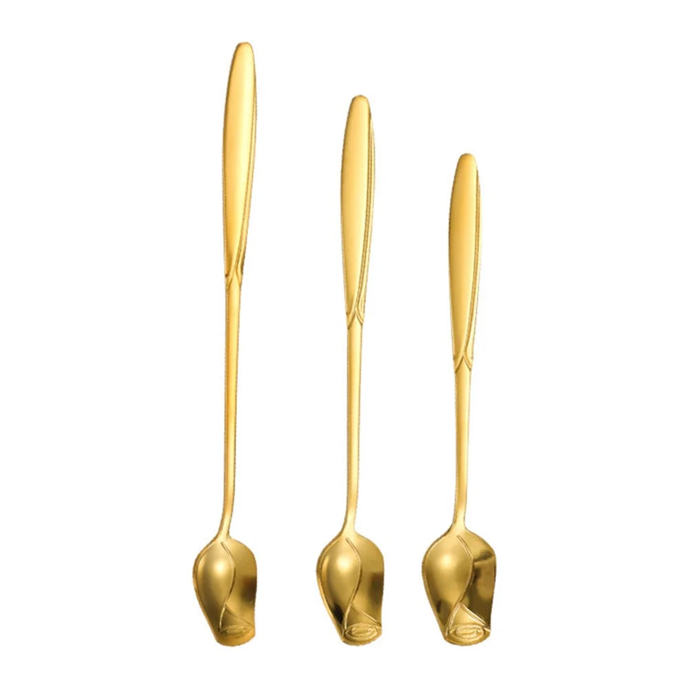 2Pcs Ice Cream Spoon Rose Flower Spoon Set Stainless Steel Stirring Spoon, Gold (BPA Free, No FDA) - 13.2x2.2cm - 5