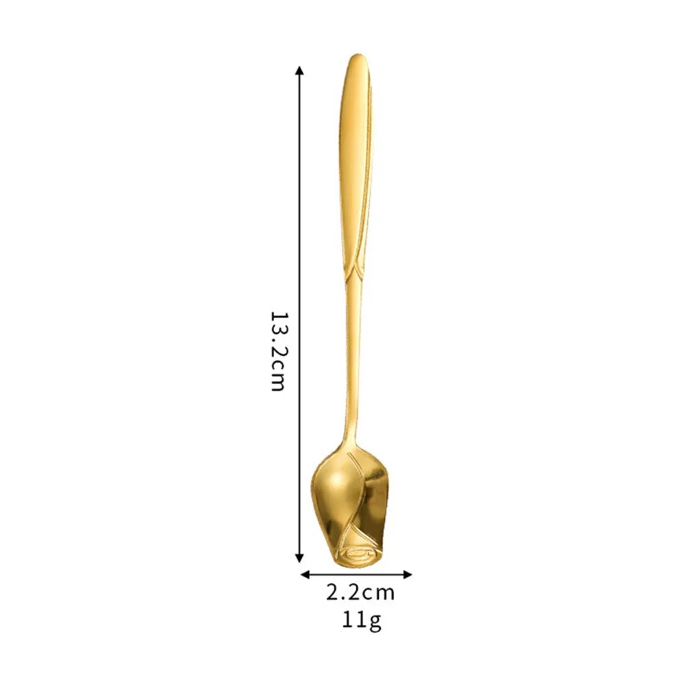 2Pcs Ice Cream Spoon Rose Flower Spoon Set Stainless Steel Stirring Spoon, Gold (BPA Free, No FDA) - 13.2x2.2cm - 6