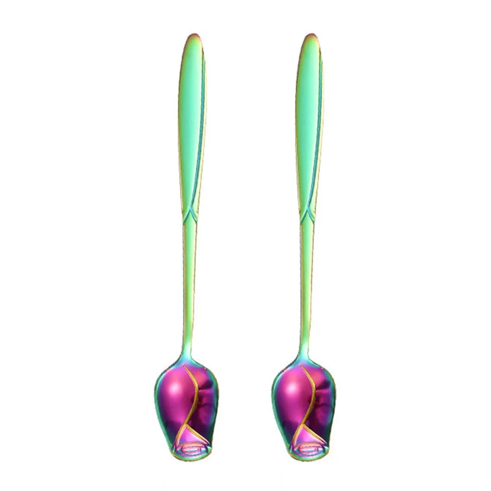 2Pcs Rose Flower Stirring Spoon Set Stainless Steel Ice Cream Spoon, Multi-color (BPA Free, No FDA) - 13.2x2.2cm - 1