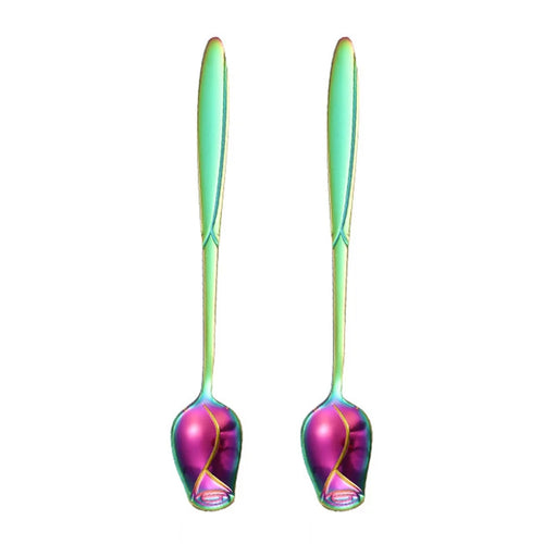 2Pcs Rose Flower Stirring Spoon Set Stainless Steel Ice Cream Spoon, Multi-color (BPA Free, No FDA) - 13.2x2.2cm - 1