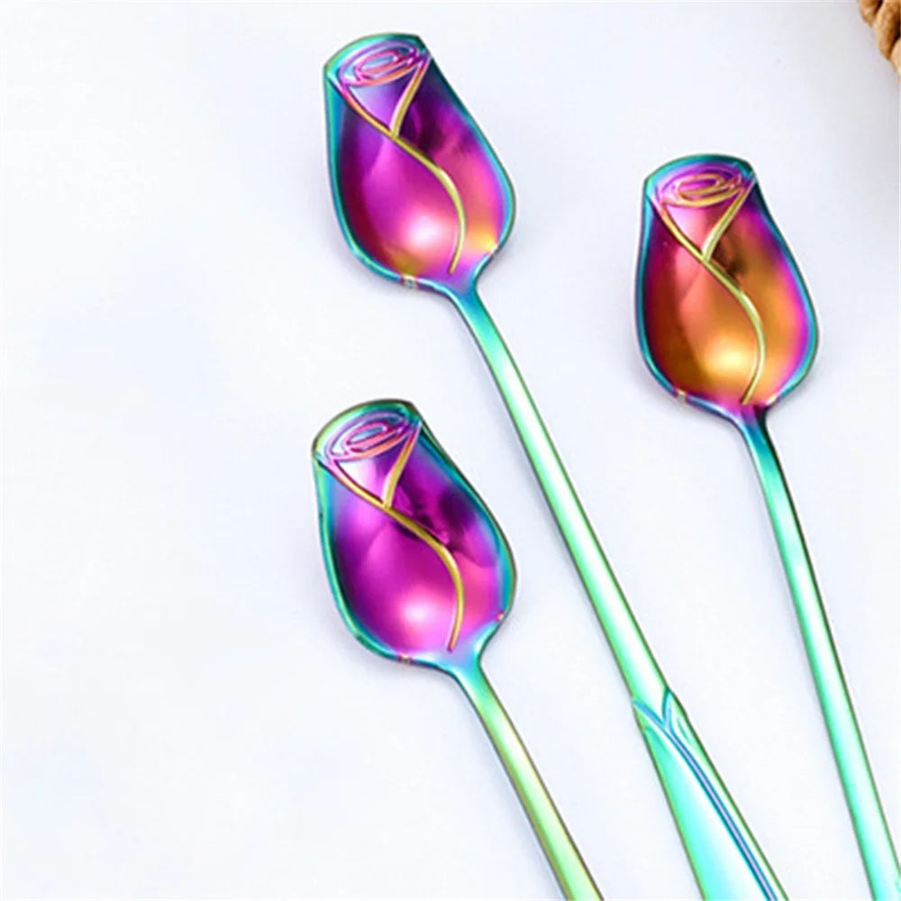 2Pcs Rose Flower Stirring Spoon Set Stainless Steel Ice Cream Spoon, Multi-color (BPA Free, No FDA) - 13.2x2.2cm - 3