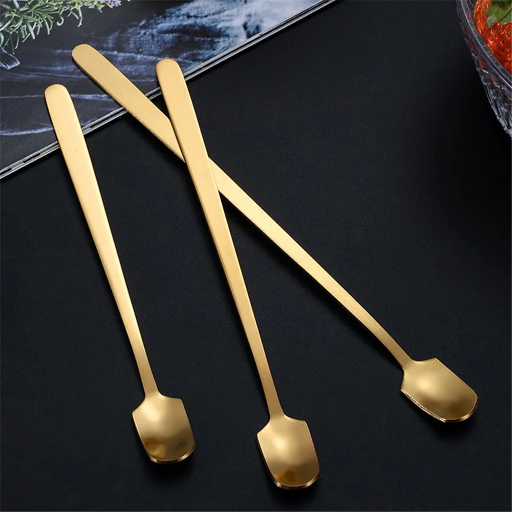 3Pcs 13.2cm Stainless Steel Square Head Stirring Spoon Long Handle Dessert Spoon, Gold (BPA Free, No FDA) - 6