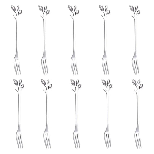 10Pcs 12cm Leaf Design Stainless Steel Fruit Dessert Spoon / Fork, Silver (BPA Free, No FDA) - Fork - 1
