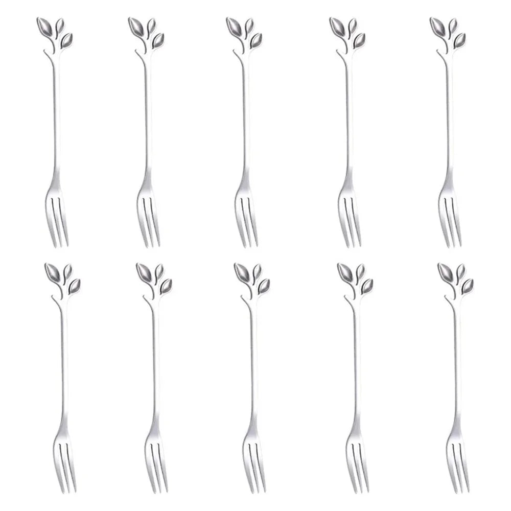 10Pcs 12cm Leaf Design Stainless Steel Fruit Dessert Spoon / Fork, Silver (BPA Free, No FDA) - Fork - 1