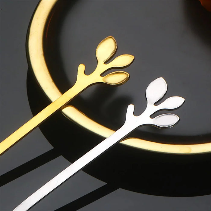 10Pcs 12cm Leaf Design Stainless Steel Fruit Dessert Spoon / Fork, Silver (BPA Free, No FDA) - Fork - 3