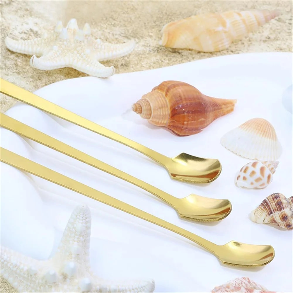 6Pcs 13.2cm Stainless Steel Square Head Spoon Long Handle Coffee Spoon, Gold (BPA Free, No FDA) - 5