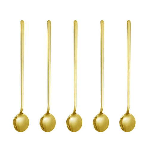 5Pcs 17.3cm Round Spoon Long Handle Stainless Steel Coffee Spoon, Gold (BPA Free, No FDA) - 1
