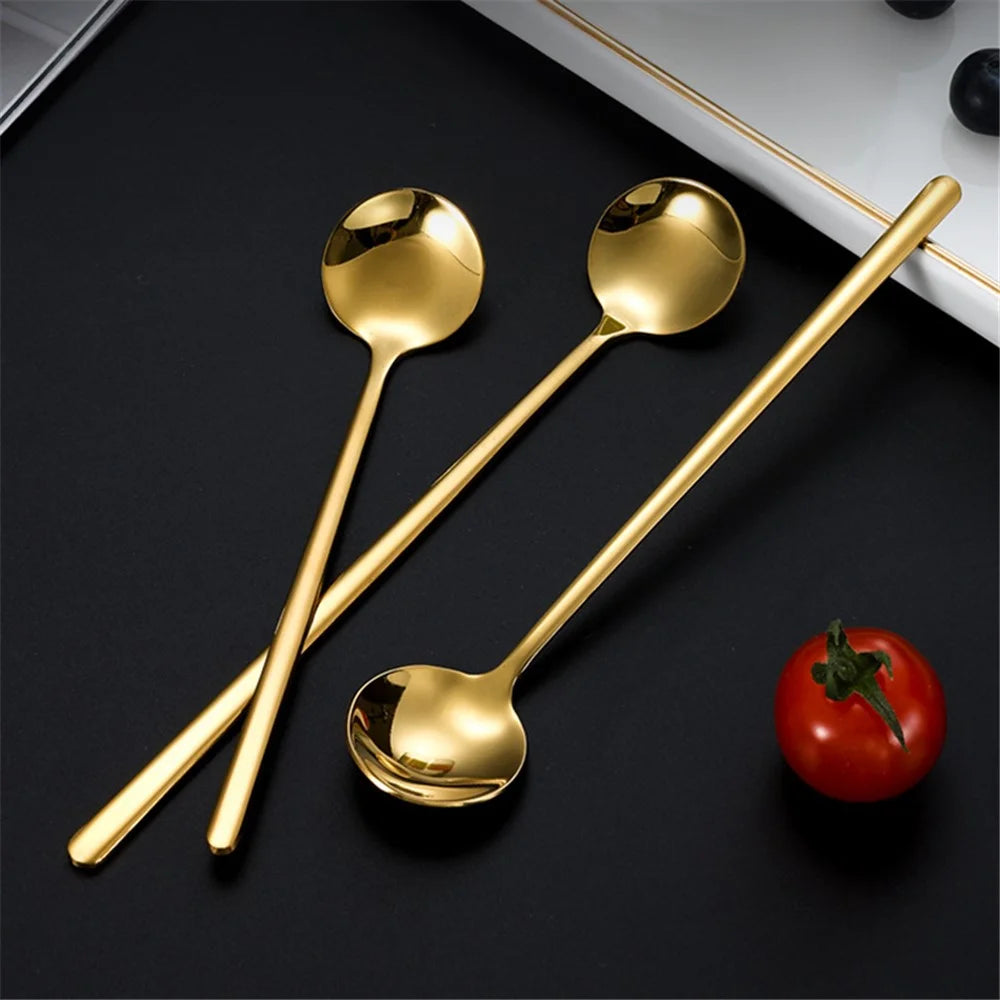 5Pcs 17.3cm Round Spoon Long Handle Stainless Steel Coffee Spoon, Gold (BPA Free, No FDA) - 3