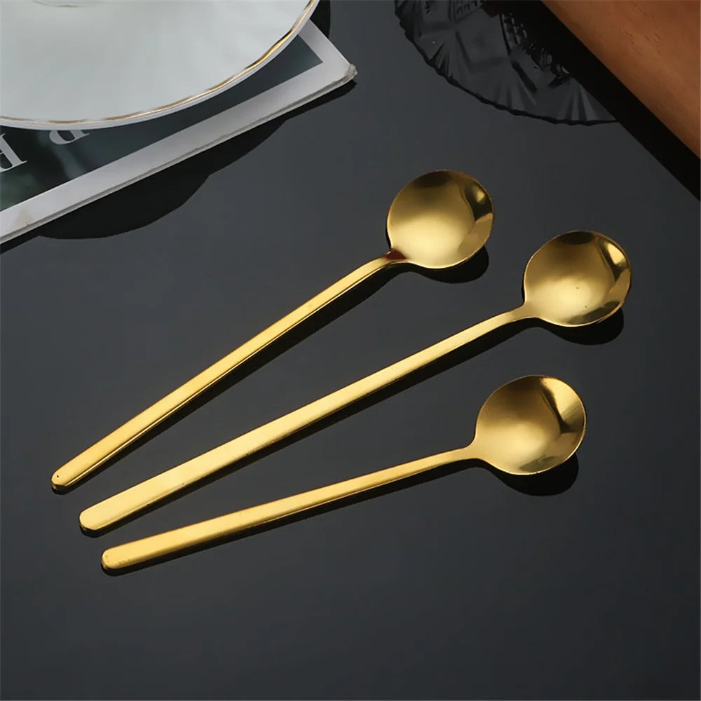 5Pcs 17.3cm Round Spoon Long Handle Stainless Steel Coffee Spoon, Gold (BPA Free, No FDA) - 4