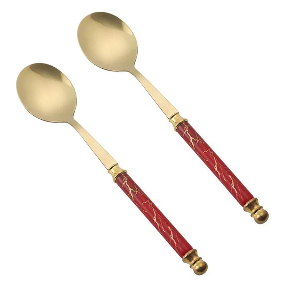 2Pcs Imitation Ceramic Handle Spoon Stainless Steel Soup Dessert Spoon (BPA Free, No FDA Certificate) - Red - 1