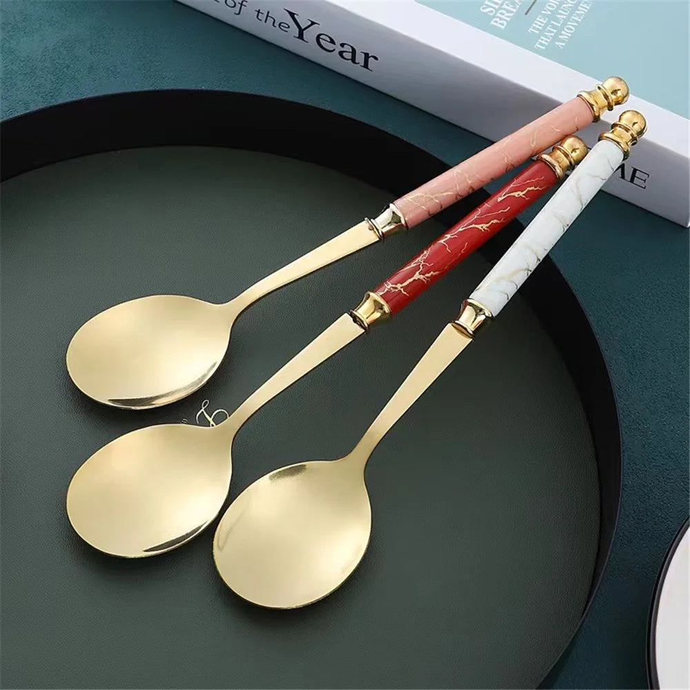 2Pcs Imitation Ceramic Handle Spoon Stainless Steel Soup Dessert Spoon (BPA Free, No FDA Certificate) - Red - 2