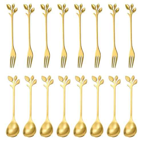 8 Spoons + 8 Forks Cute Leaf Design Stainless Steel Fruit Dessert Spoon Fork Set (BPA Free, No FDA Certificate) - Gold - 1