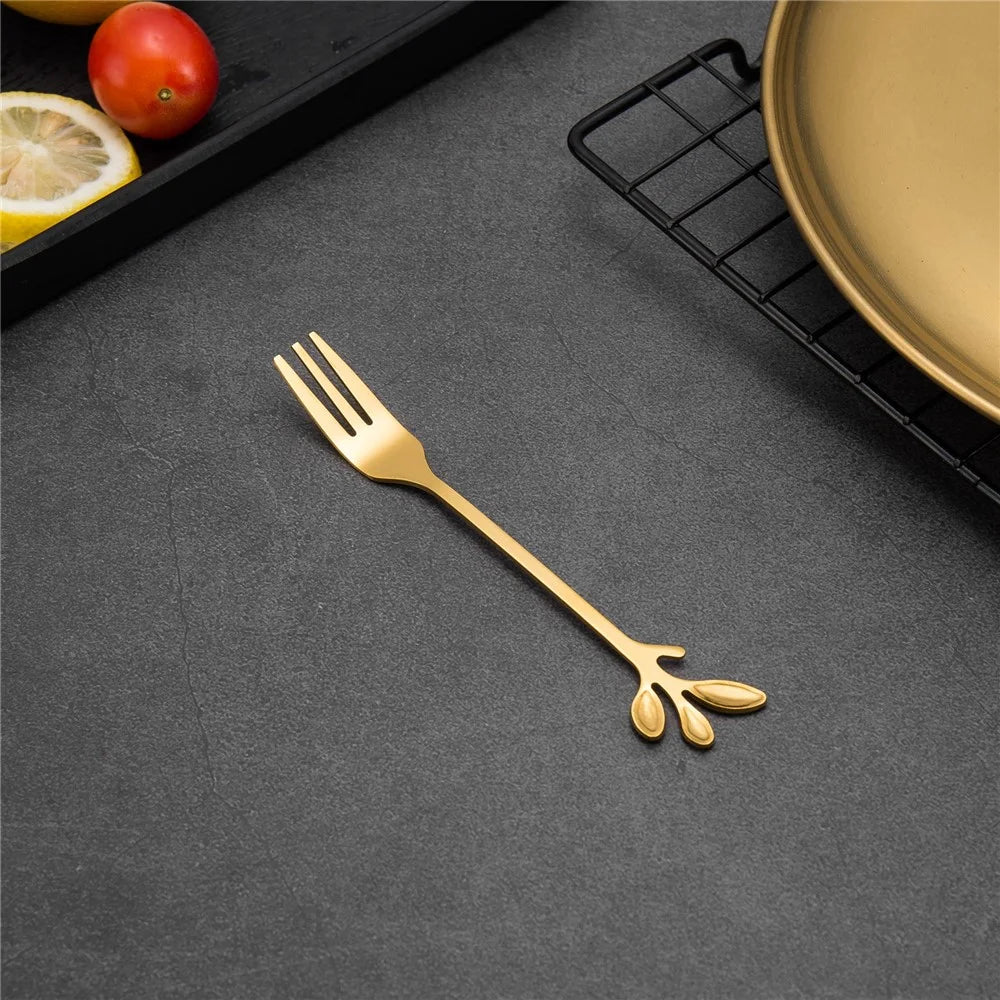 8 Spoons + 8 Forks Cute Leaf Design Stainless Steel Fruit Dessert Spoon Fork Set (BPA Free, No FDA Certificate) - Gold - 2