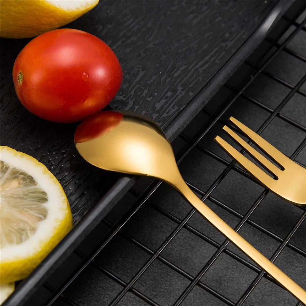 8 Spoons + 8 Forks Cute Leaf Design Stainless Steel Fruit Dessert Spoon Fork Set (BPA Free, No FDA Certificate) - Gold - 3