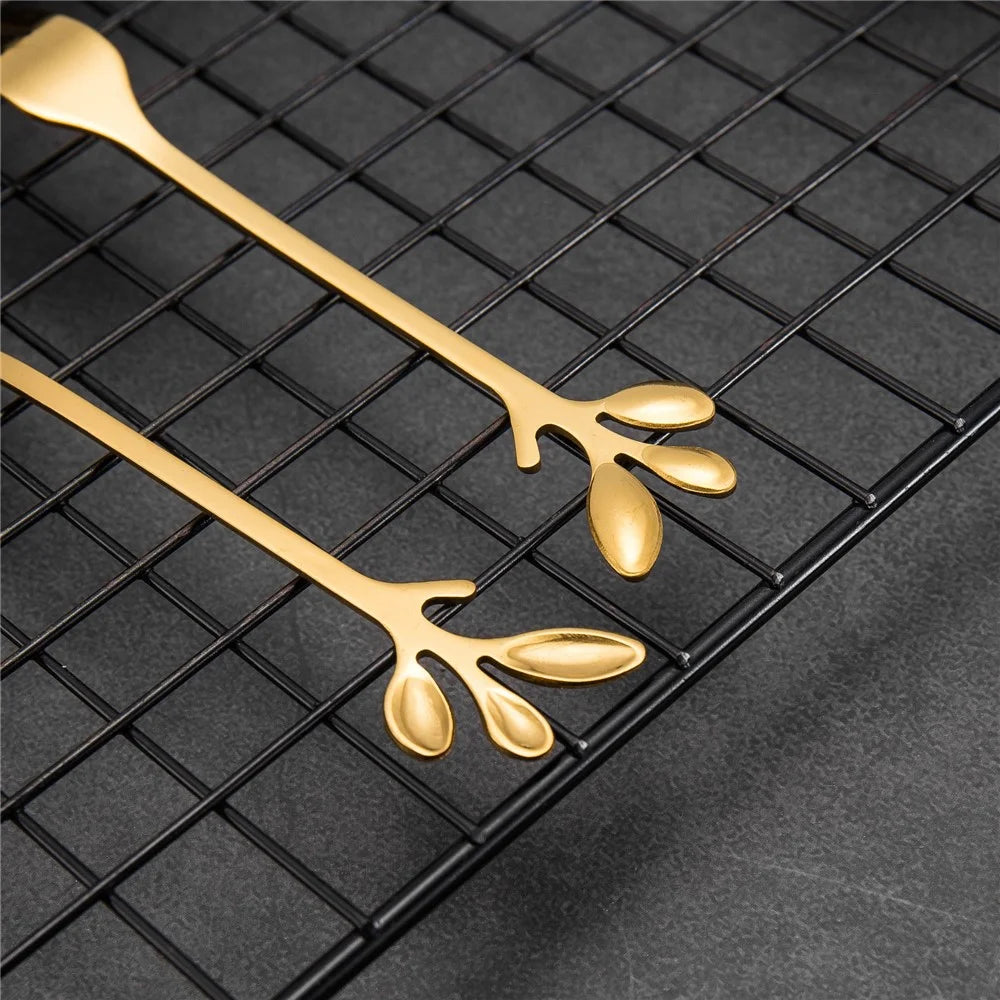 8 Spoons + 8 Forks Cute Leaf Design Stainless Steel Fruit Dessert Spoon Fork Set (BPA Free, No FDA Certificate) - Gold - 4