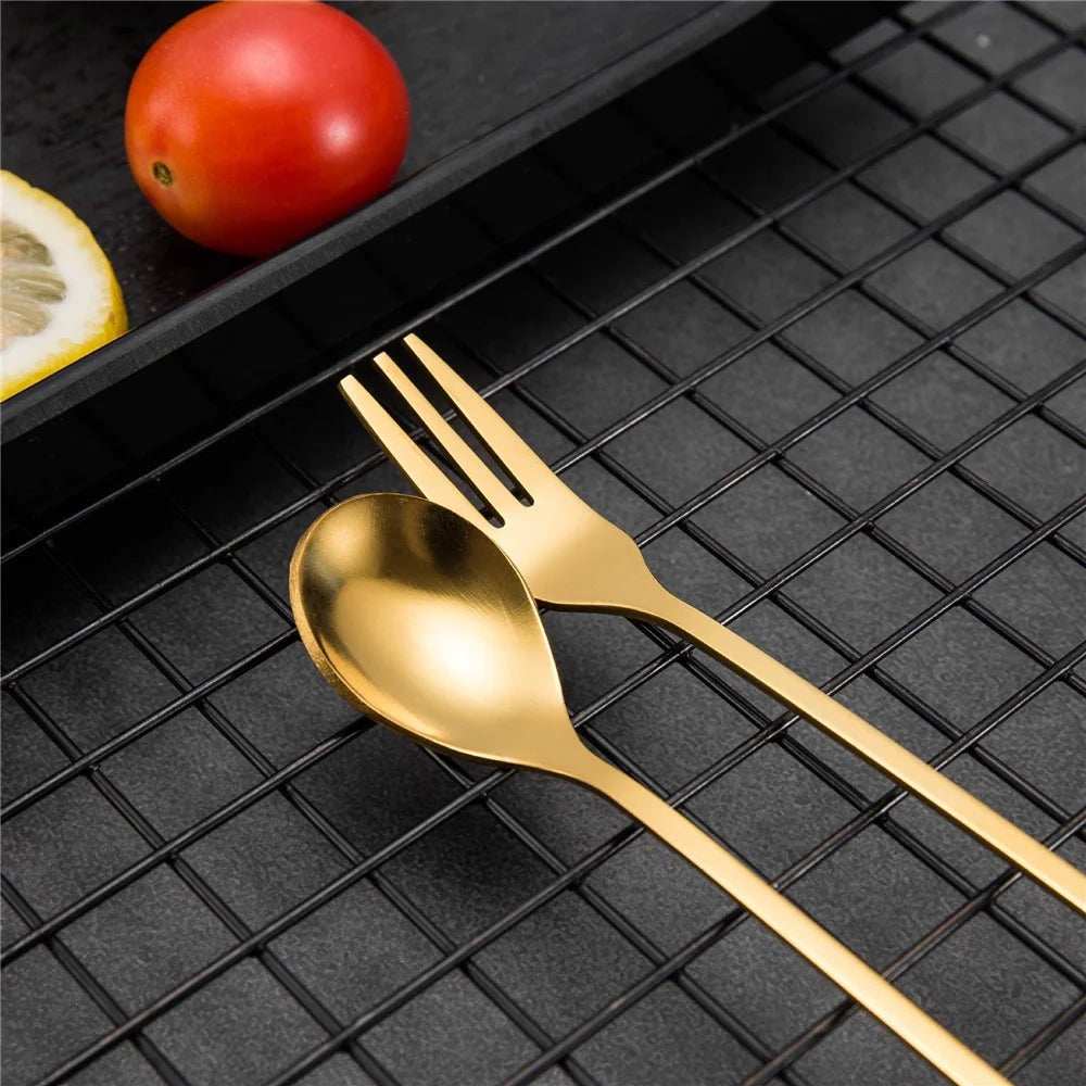 8 Spoons + 8 Forks Cute Leaf Design Stainless Steel Fruit Dessert Spoon Fork Set (BPA Free, No FDA Certificate) - Gold - 5