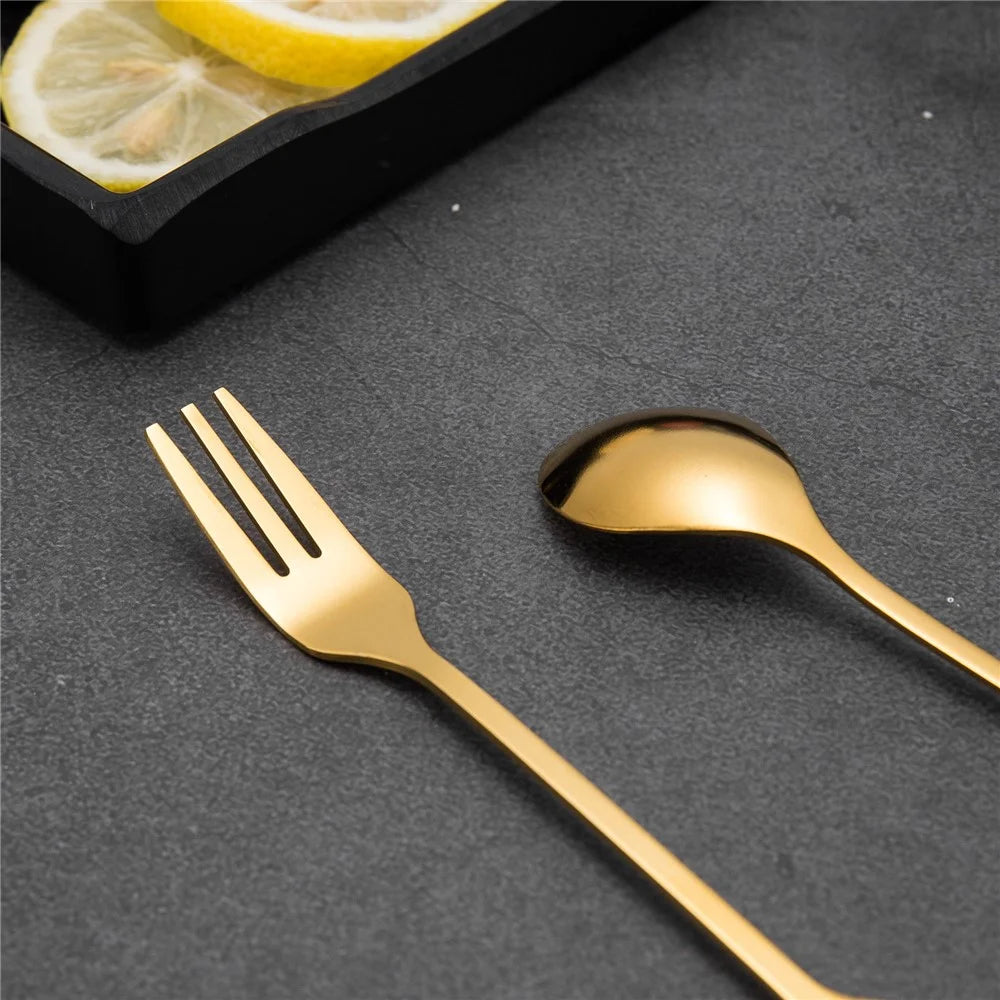 8 Spoons + 8 Forks Cute Leaf Design Stainless Steel Fruit Dessert Spoon Fork Set (BPA Free, No FDA Certificate) - Gold - 6