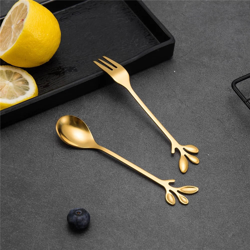 8 Spoons + 8 Forks Cute Leaf Design Stainless Steel Fruit Dessert Spoon Fork Set (BPA Free, No FDA Certificate) - Gold - 7
