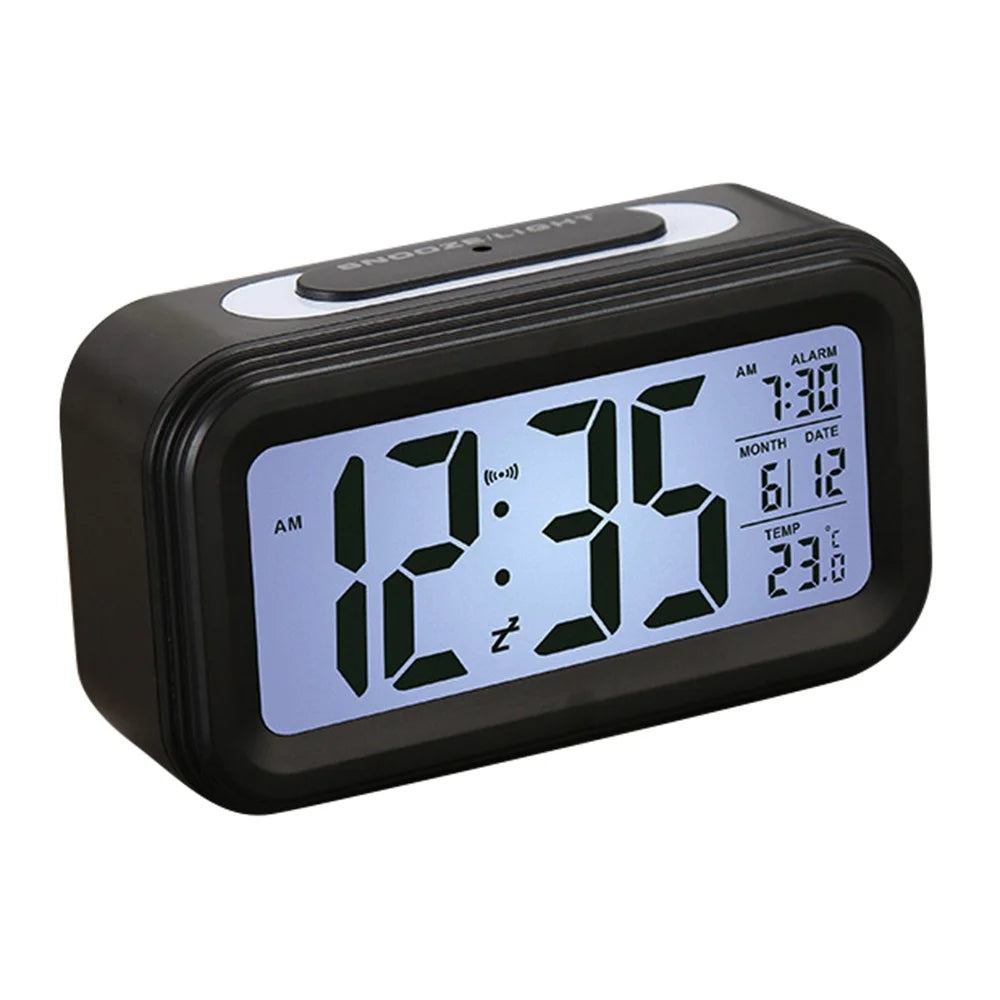 Battery Powered Digital LED Backlight Alarm Clock with Date Temperature Display - Black - 1
