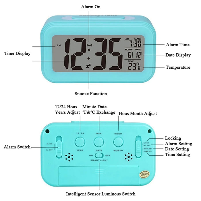 Battery Powered Digital LED Backlight Alarm Clock with Date Temperature Display - Black - 7