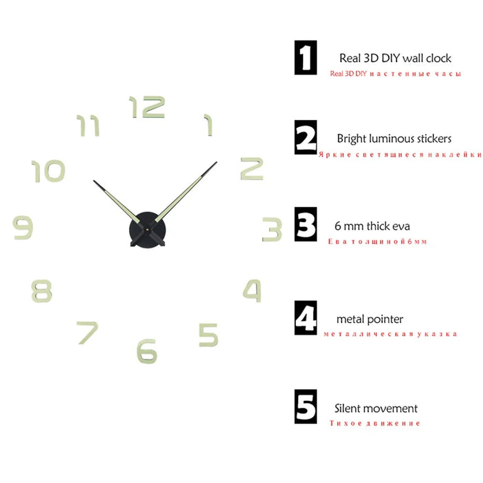 Acrylic 3D Illuminated Quartz Wall Clock Large Sticker Home Office DIY Decoration, 37inch - 6