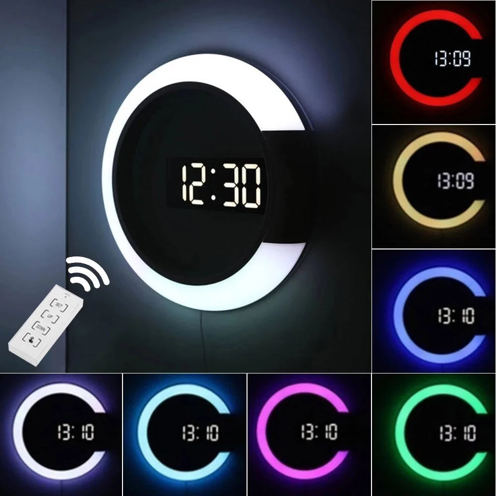 TS-S24 Creative LED Mirror Hollow Wall Clock with Alarm Temperature Ring Light Multi-color Switch - 1