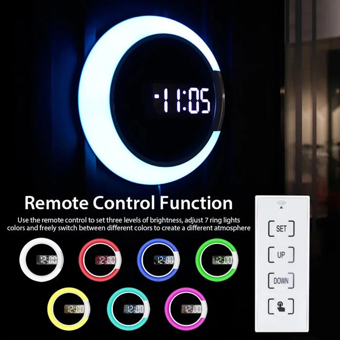 TS-S24 Creative LED Mirror Hollow Wall Clock with Alarm Temperature Ring Light Multi-color Switch - 2