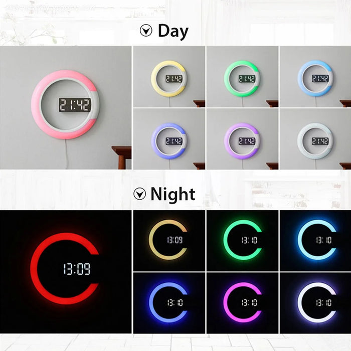 TS-S24 Creative LED Mirror Hollow Wall Clock with Alarm Temperature Ring Light Multi-color Switch - 5