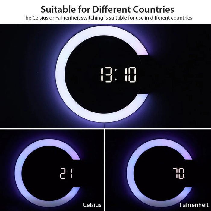 TS-S24 Creative LED Mirror Hollow Wall Clock with Alarm Temperature Ring Light Multi-color Switch - 6