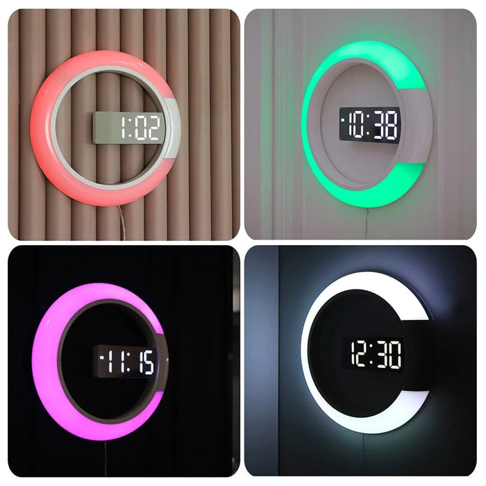 TS-S24 Creative LED Mirror Hollow Wall Clock with Alarm Temperature Ring Light Multi-color Switch - 7