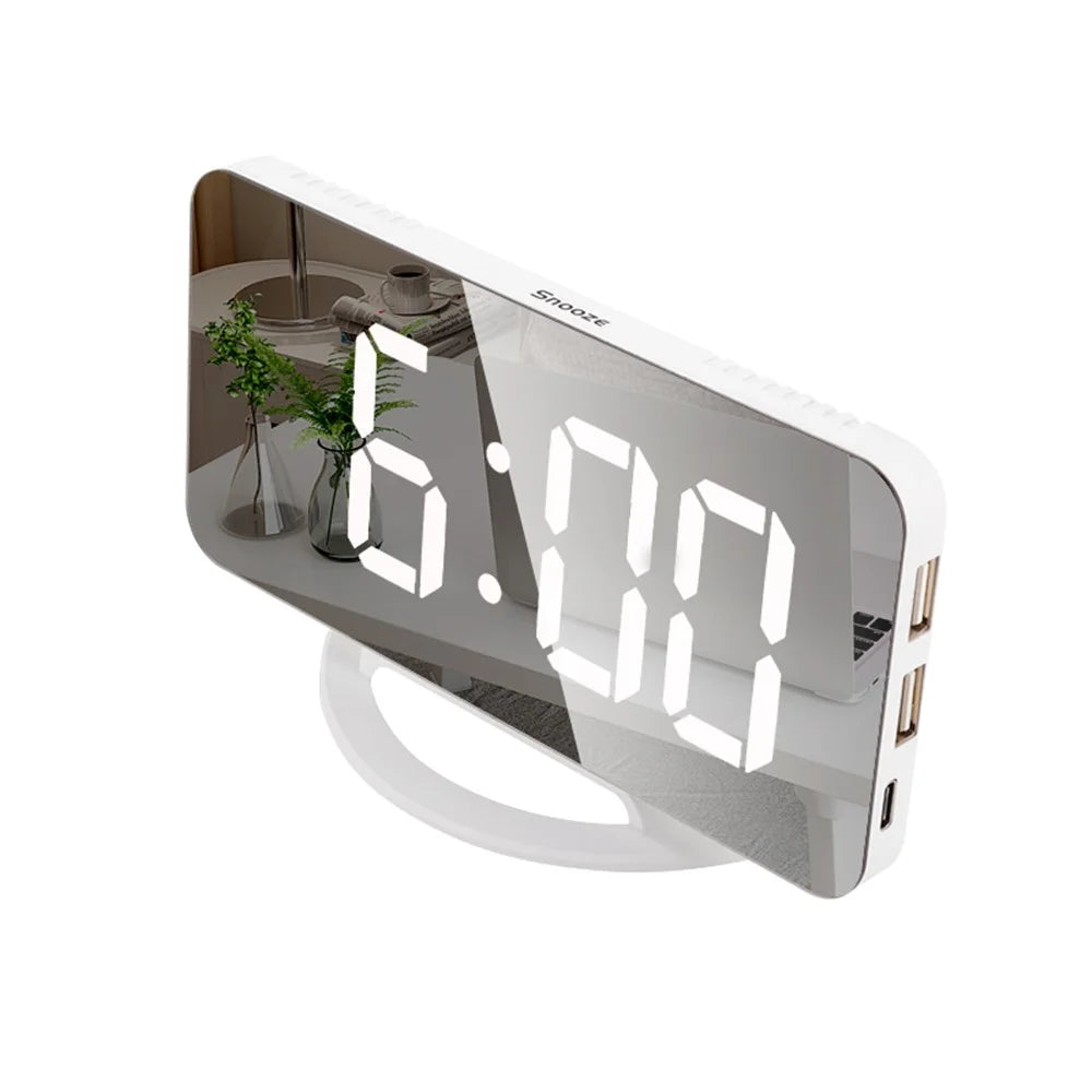TS-8201 LED Mirror Digital Display Desk Clock Desktop Makeup Mirror Automatic Photosensitive Electronic Alarm Clock - White/White LED Display - 1
