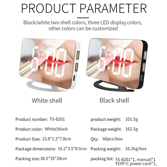 TS-8201 LED Mirror Digital Display Desk Clock Desktop Makeup Mirror Automatic Photosensitive Electronic Alarm Clock - White/White LED Display - 5