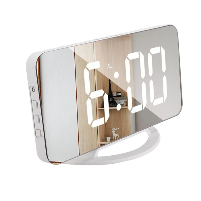 TS-8201 LED Mirror Digital Display Desk Clock Desktop Makeup Mirror Automatic Photosensitive Electronic Alarm Clock - White/White LED Display - 7