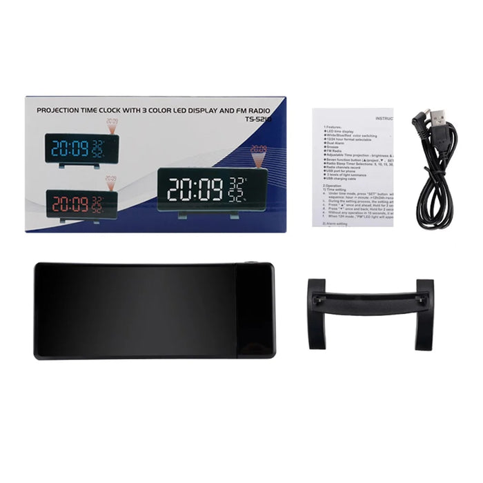 TS-5210 LED Digital Projection Alarm Clock FM Radio Time Projector Table Clock Temperature and Humidity Meter - 5