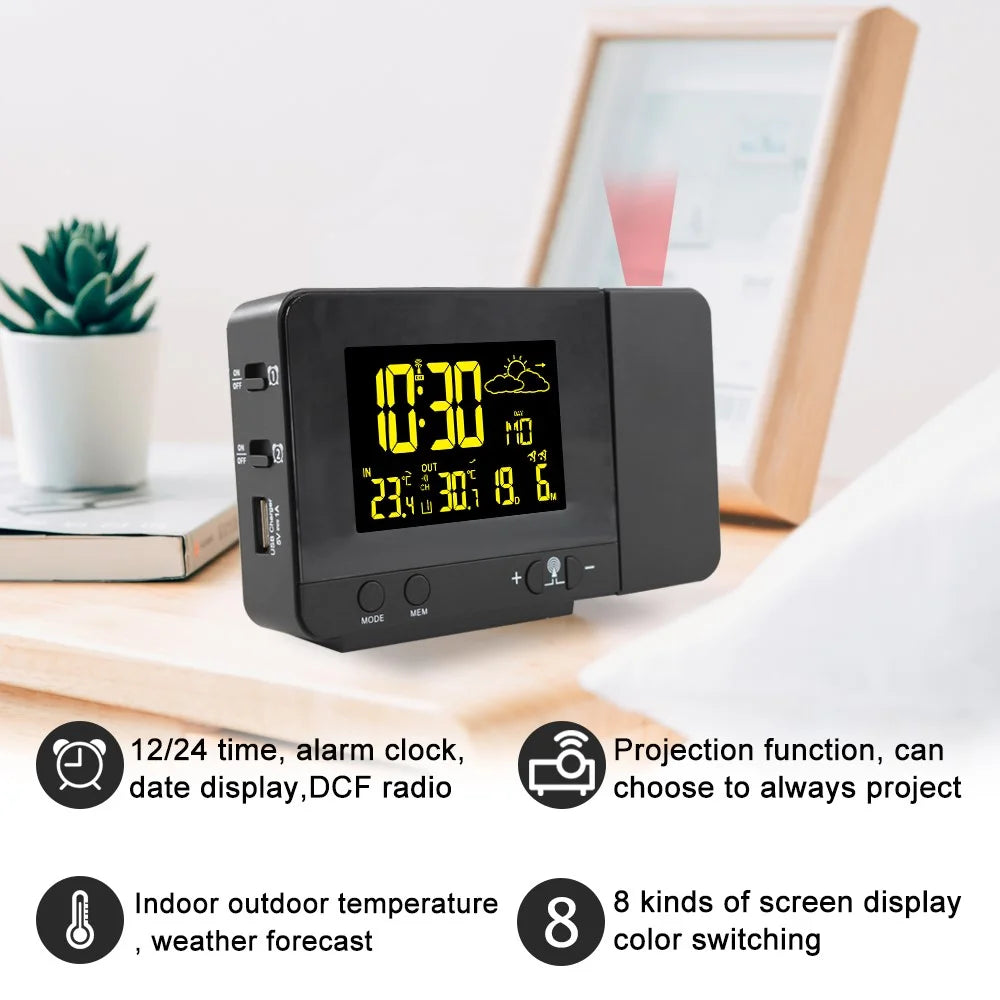FJ3531B 8 Colors Screen Projection Weather Station Alarm Clock Indoor Outdoor Temperature Digital Clock With Snooze - EU Plug - 2