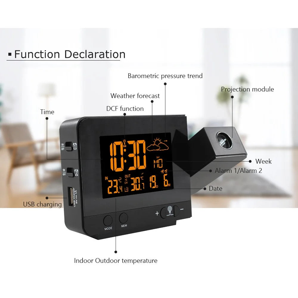 FJ3531B 8 Colors Screen Projection Weather Station Alarm Clock Indoor Outdoor Temperature Digital Clock With Snooze - EU Plug - 4
