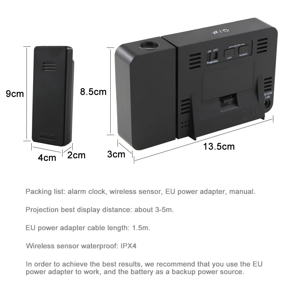 FJ3531B 8 Colors Screen Projection Weather Station Alarm Clock Indoor Outdoor Temperature Digital Clock With Snooze - EU Plug - 5
