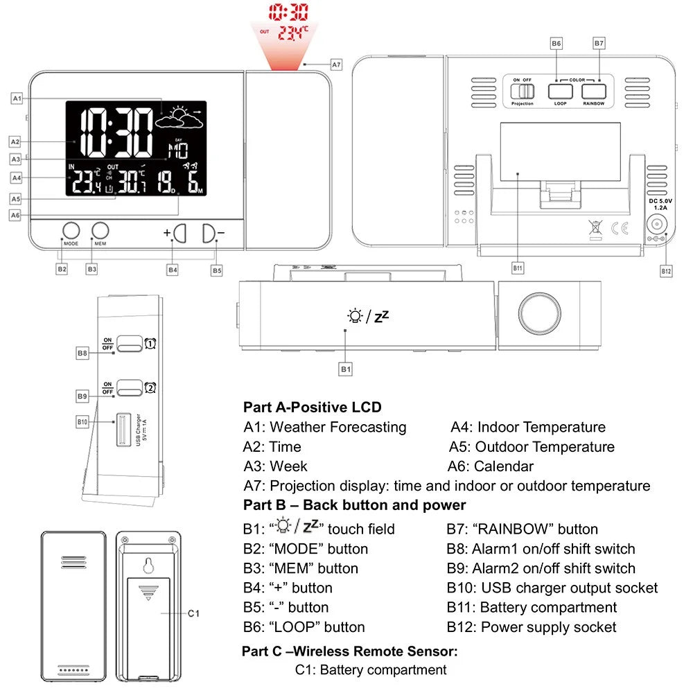 FJ3531B 8 Colors Screen Projection Weather Station Alarm Clock Indoor Outdoor Temperature Digital Clock With Snooze - EU Plug - 6
