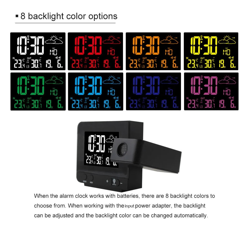 FJ3531B 8 Colors Screen Projection Weather Station Alarm Clock Indoor Outdoor Temperature Digital Clock With Snooze - EU Plug - 7