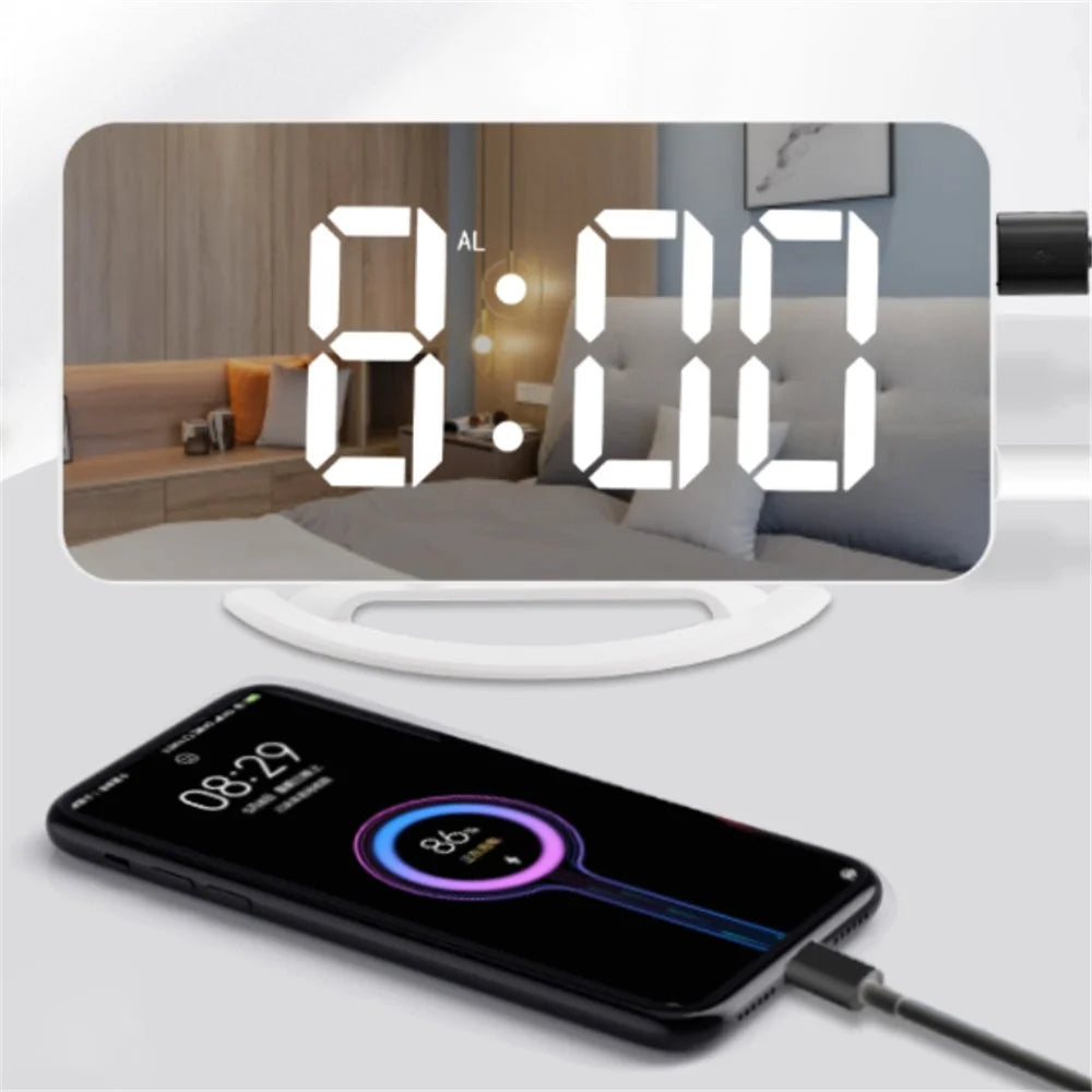 TS-8202 Digital Clock Large Display LED Electric Alarm Clock Vibration Design Mirror Surface Diming Mode 3 Levels Brightness USB Rechargeable Modern Decoration for Home Bedroom Office - 6