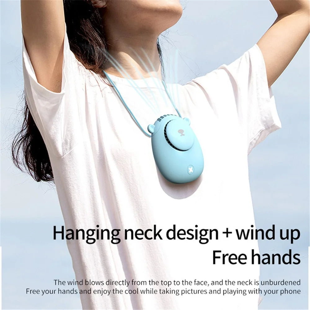 DIROSE Cute Bear Design Portable Mini Summer Rechargeable Fan Cooler Mute Cooling Fan with Neck Rope - Blue - 2
