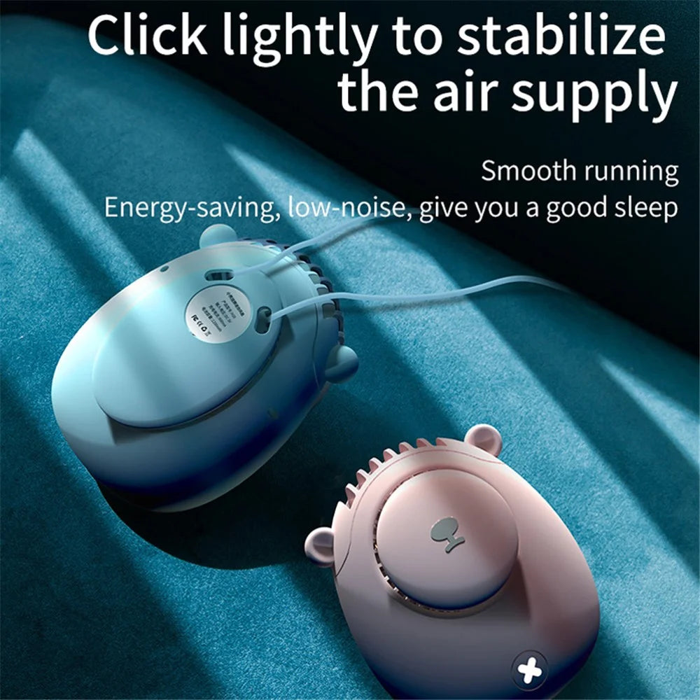 DIROSE Cute Bear Design Portable Mini Summer Rechargeable Fan Cooler Mute Cooling Fan with Neck Rope - Blue - 5